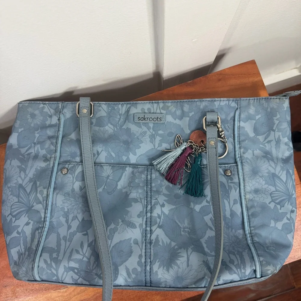 Sakroots Tote Bag Blue Floral Butterfly Bee Print‎ Shoulder Bag